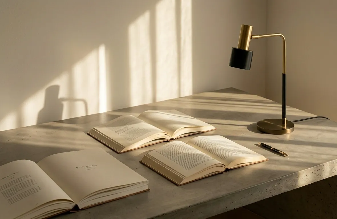 Warm workspace with books and desk lamp for AI skill development