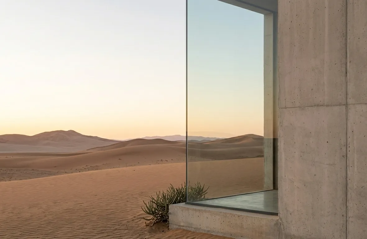 Desert landscape with concrete and glass structures in Namibia